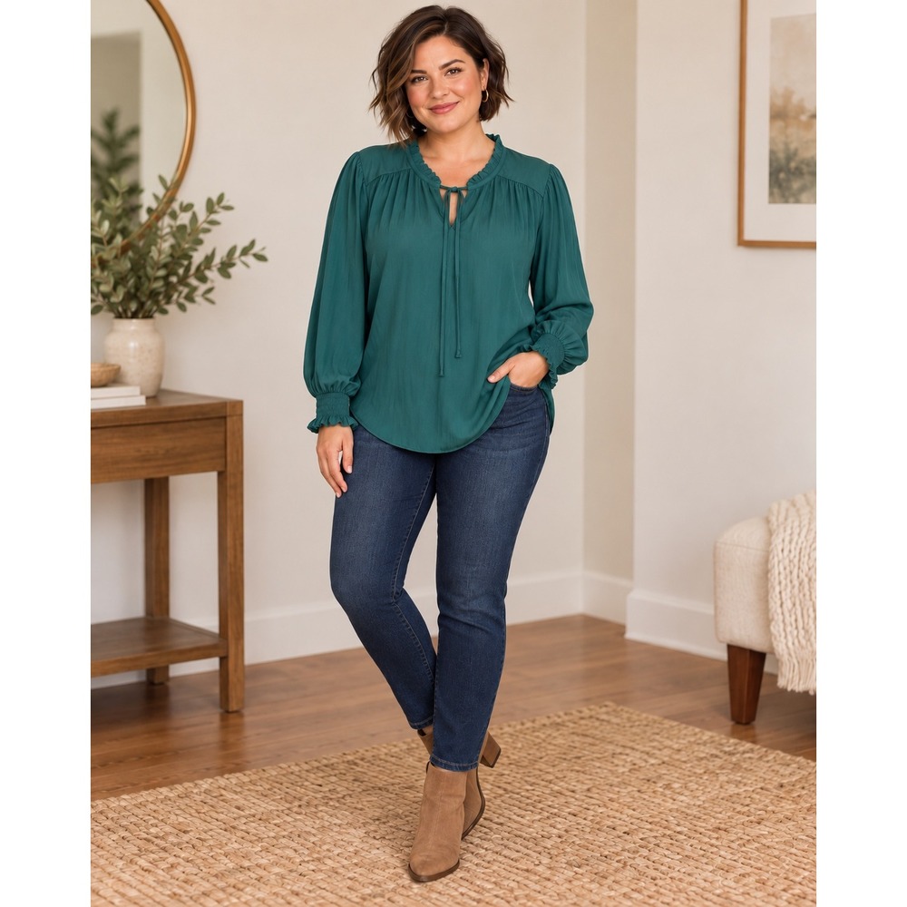 Rachel Zoe 1X Teal Ruffle Neck Blouse Long Sleeve Tie Front Boho Peasant Top